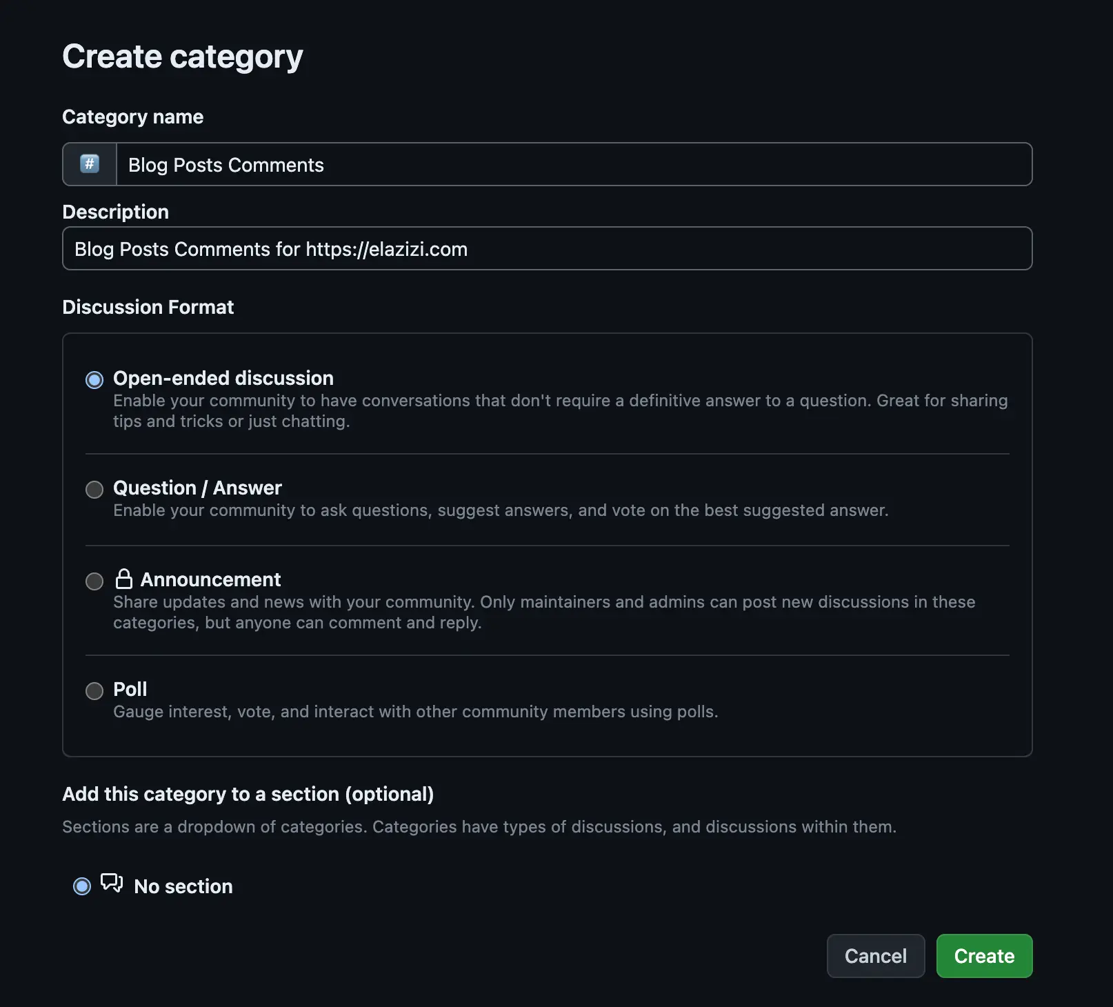 create a new github discussion category