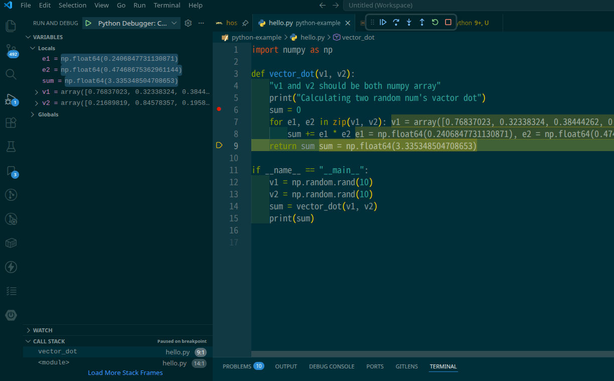 调试器移至第 9 行