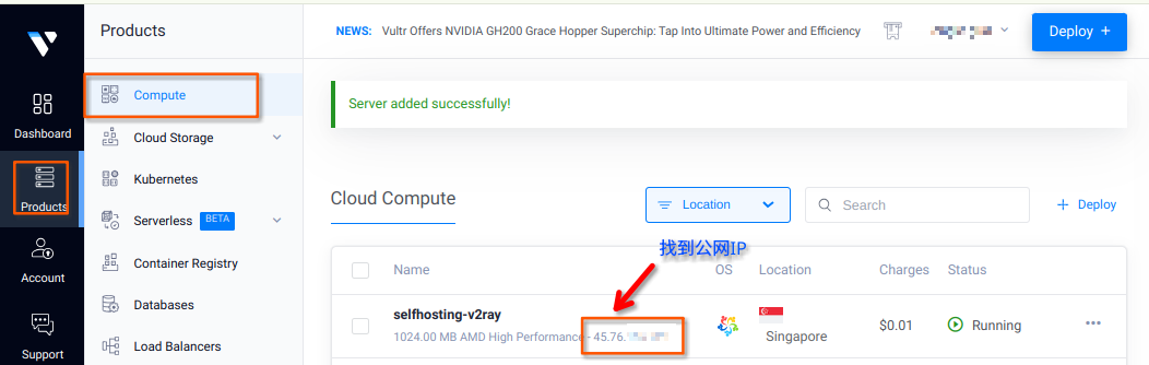 Vultr Cloud Compute - find public IP